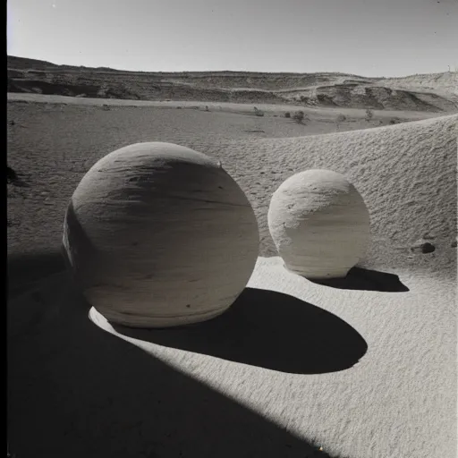 Prompt: an orb-like clay structure sitting in the desert, vintage photo, cinematography, blue sky