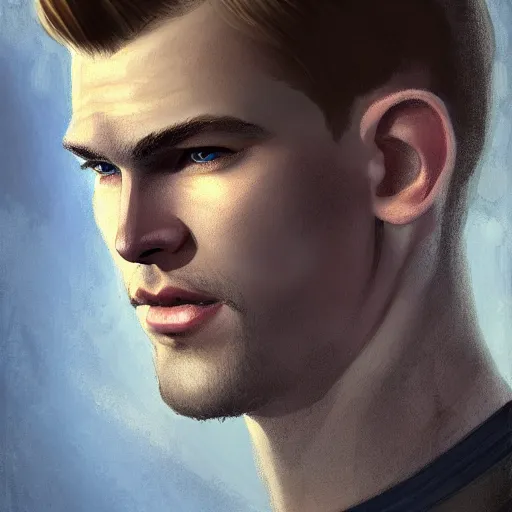 Image similar to tall chunky man in his twenties with brown blond short regular haircut and round facial structure with cleft chin, straight eyebrows, big grey blue eyes, grinning, cheekbones, straight nose, wider face, shadow of beard, atmospheric lighting, painted, intricate, 4 k, highly detailed by charlie bowater