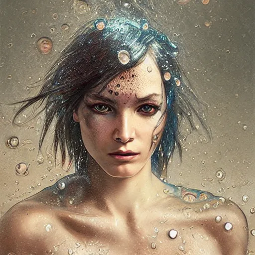 Image similar to portrait of punk cyborg woman, water particles floating in the air, finely detailed facial features, weathered drawing, film grain, painted art by tsuyoshi nagano, greg rutkowski, artgerm, alphonse mucha, spike painting