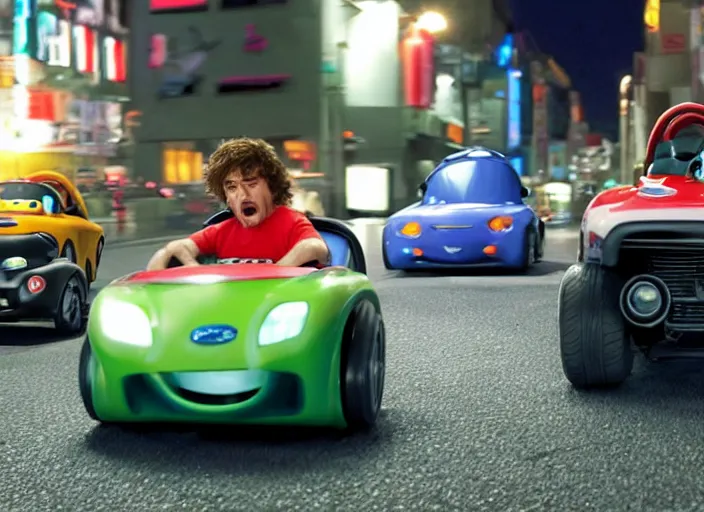 Prompt: peter dinklage racing vin diesel driving a little tikes cozy coupe cars at night tokyo, movie still, from the new fast and furious movie, 8 k, realistic