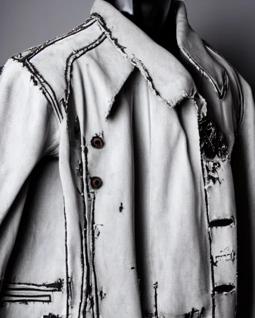 Prompt: a 5 0 mm award - winning photo of a thick plain cropped extremely baggy distressed pirate designer menswear cloth jacket designed by alexander mcqueen, 4 k, studio lighting, wide angle lens
