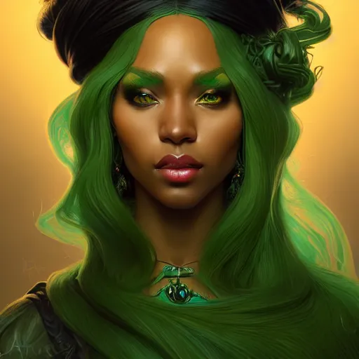 Image similar to black aristocrat, green black orange color palette, female, d & d, fantasy, intricate, elegant, highly detailed, long green hair, digital painting, artstation, octane render, concept art, matte, sharp focus, illustration, hearthstone, art by artgerm, alphonse mucha johannes voss
