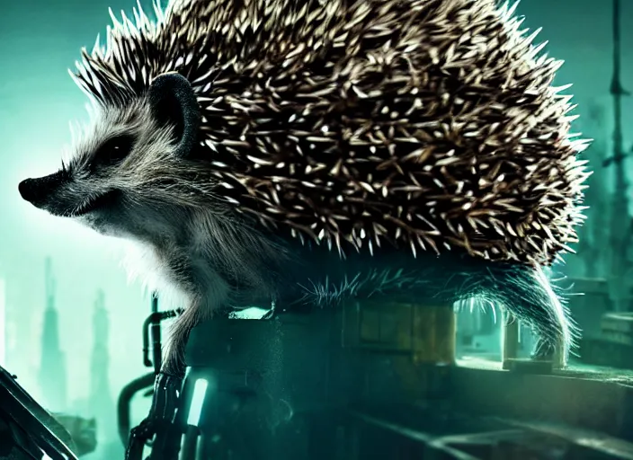 Image similar to portrait of a intricate hedgehog cyborg, on the background of a weird magical mechanical forest. Very detailed 8k. Fantasy cyberpunk horror. Sharp. Cinematic post-processing.