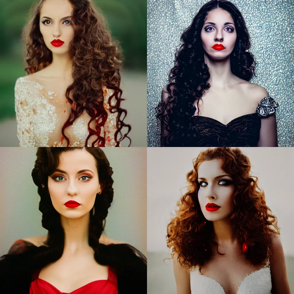 Prompt: photographic portrait of a beautiful romanian woman, she wears a very elegant black evening gown, has medium long curly brown and blond hair, red lips, beautiful skinny lovely face, Kodak Ektar 100 film