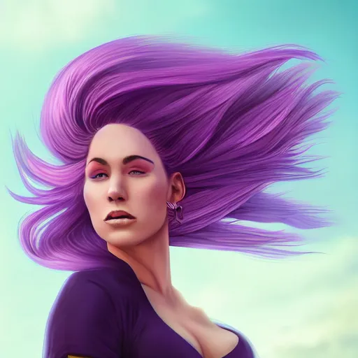 Image similar to a stunning upper body portrait of a beautiful woman with purple hair and pink highlights blowing in the wind by marvel comics, digital art, trending on artstation