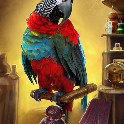 Image similar to Anthropomorphized parrot trader in his shop, portrait, items, weapons, magic potions, trinkets, carpet, lamps, window, fancy hat, sly expression, cunning expression, cute expression, long thick shiny black beak, D&D, fantasy, cinematic lighting, highly detailed, digital painting, artstation, concept art, smooth, sharp focus, illustration, warm light, cozy warm tint, magic the gathering artwork, volumetric lighting, 8k, art by Greg Rutkowski