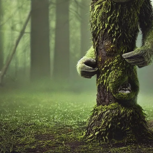 Prompt: a close up of a cute moist green furry haired round bodied monster with green eyes subtly glowing in a lush, wet, misty forest angrily looking and walking towards the camera, the monster's furry arms are expressing loud angry emotion, the monster's left foot is angrily stepping on a tree trunk, the background is brightly-lit full of mist and withered trees, the foreground has tall, wet, and dark vegetation, an orange butterfly is seen on top a leaf, high-intensity lighting, 3D digital art from a children's book, unreal engine