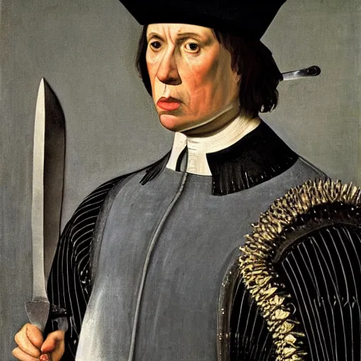 Prompt: Richard III holding a serrated dagger and looking furious. Painted by Caravaggio, high detail