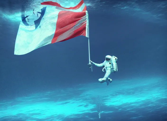 Image similar to astronaut underwater putting a flag on the bottom of the ocean. in the background, a submarine is visible. digital art, blender, photorealistic, octane render, 8 k, volumetric lighting, trending on artstation