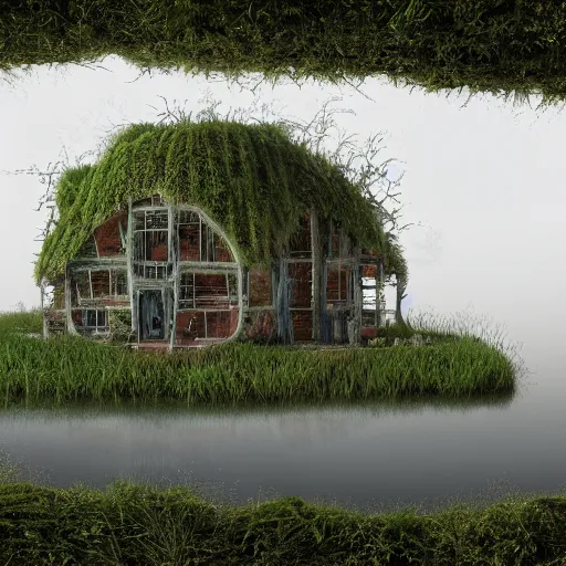 Prompt: beautiful organic house made of imaginary plants in a swamp, architectural render, chillwave, by isaac cordal, gabriel dawe, skottie young and jessica rossier, blender, vegetal architecture, junglepunk, trending on artstation.