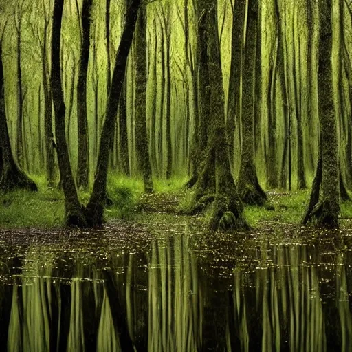 Image similar to beautiful intricate forest, swamp, rain