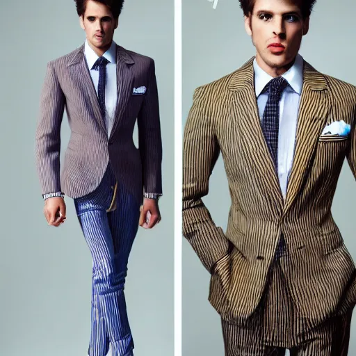 Prompt: male fashion model in year 2030 in new York, model wearing a fancy suit from Italy in beige with blue stripes, photography , fashion magazine editorial , highly detailed