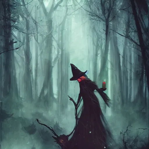 Prompt: witch performing a ritual in a dark forest painted by Raymond Swanland