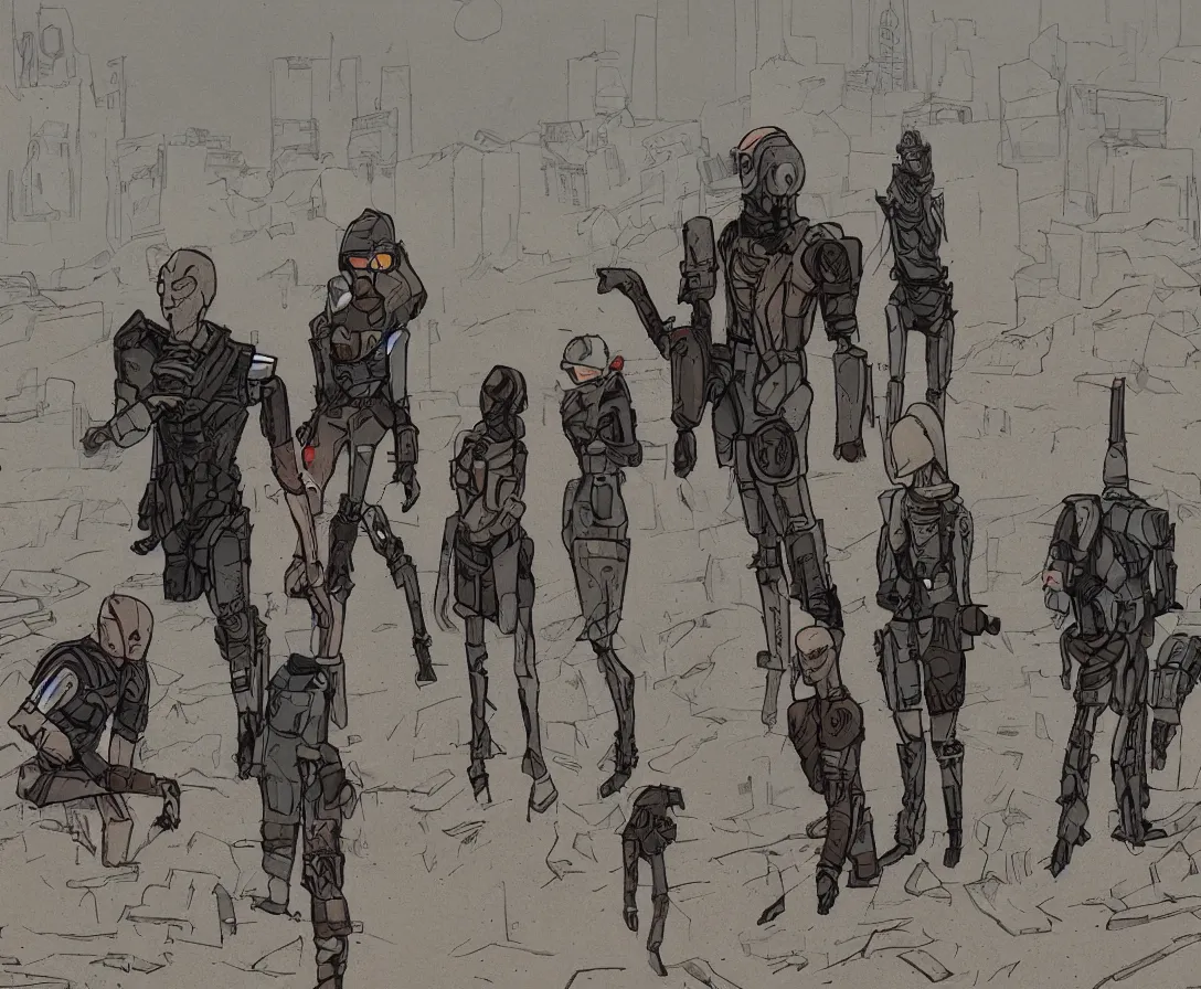 Prompt: androids in a post-apocalyptic world, desolate, sandy, foggy, borderlands art style