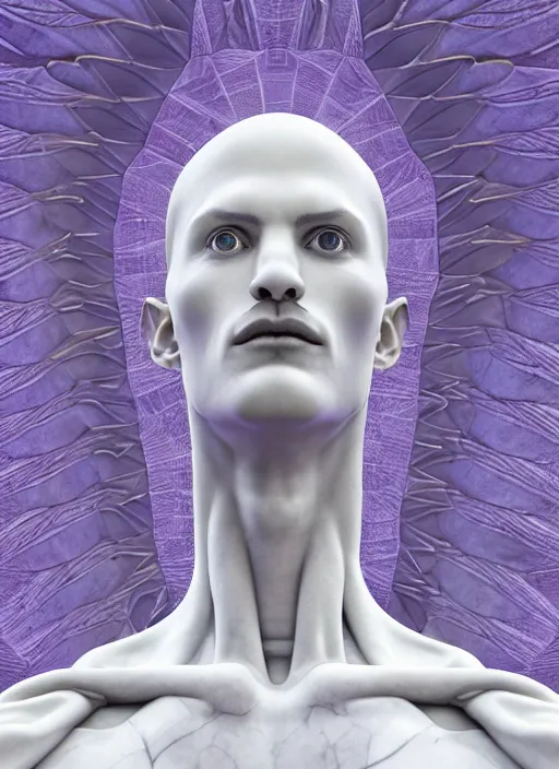 Image similar to a statue made of white marble with purple veins, of waluigi, transhumanism, full body shot, perfect symmetrical body, perfect symmetrical face, hyper realistic, hyper detailed, by johannen voss, by peter kemp, by monia merlo, by michelangelo, by ernst haeckel, by alex grey, octane render, blender, 8 k