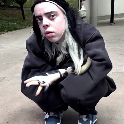 Image similar to old billie eilish begging for coke on streets