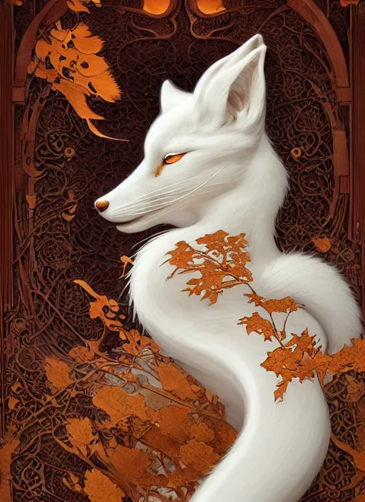 Image similar to white kitsune in autumn color kimono, wooden art nouveau swirls, subsurface scattering, by jesper ejsing, justin gerard, tomasz alen kopera, cgsociety and fenghua zhong, highly detailed, rim light, cinematic lighting, illustration, art, octane render, very coherent, cinematic, hyper realism, high detail, octane render, 8 k