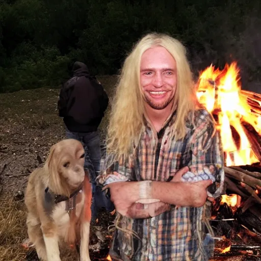 Prompt: photo of hillbilly smiling with long blonde hair around a bonfire, symmetric face