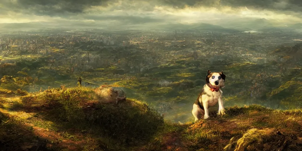 Image similar to breathtaking detailed concept art painting of a dog on the top of a hill, with a beutiful view of a tiny city below the hill, in the style of a childrens book, extremely moody lighting, 8 k