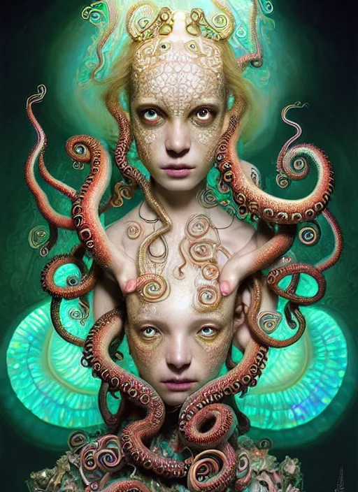 Image similar to A full shot of a cute magical monster wearing an ornate dress made of opals and tentacles. Subsurface Scattering. Translucent Skin. Caustics. Prismatic light. defined facial features, symmetrical facial features. Opalescent surface. Soft Lighting. beautiful lighting. By Giger and Ruan Jia and Artgerm and WLOP and William-Adolphe Bouguereau and Loish and Lisa Frank. Fantasy Illustration. Sailor Moon. Masterpiece. trending on artstation, featured on pixiv, award winning, cinematic composition, dramatic pose, sharp, details, Hyper-detailed, HD, HDR, 4K, 8K.