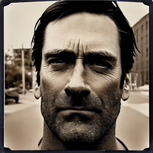 Image similar to polaroid picture, sepia, homeless jon hamm in the streets of houston, unshaved, perfect face, symmetrical face, fine details, day setting, ethereal, trending on artstation