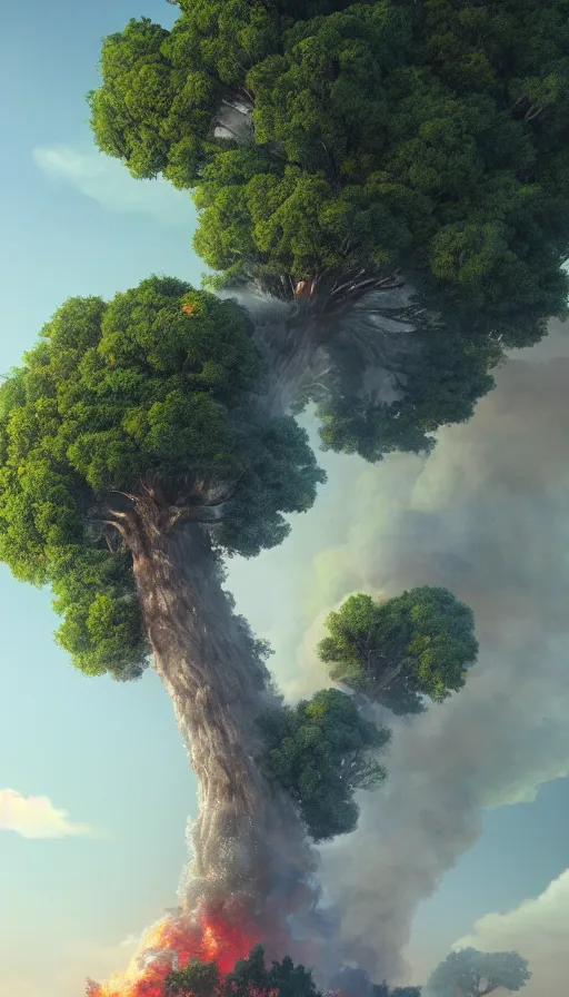 Prompt: A highly detailed matte painting of the biggest tree ever with buildings on the tree, the tree is on fire, huge fire with smoke and explosions, by Studio Ghibli, Makoto Shinkai, by Artgerm, by beeple, volumetric lighting, octane render, 4K resolution, trending on artstation, masterpiece