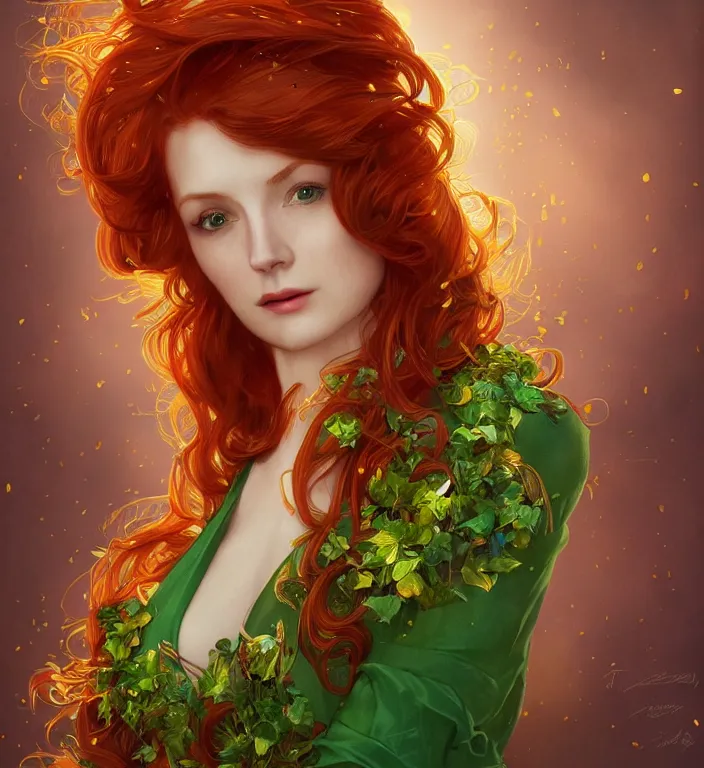 Image similar to portrait of a red haired woman wearing a green satin dress with fine gold filigree, autumn leaves falling, dramatic volumetric lighting, god rays, global illumination, soft, sharp focus, ivy, masterpiece, moss, trending on artstation, cyberpunk concept art by artgerm and Alphonse Mucha and Moebius