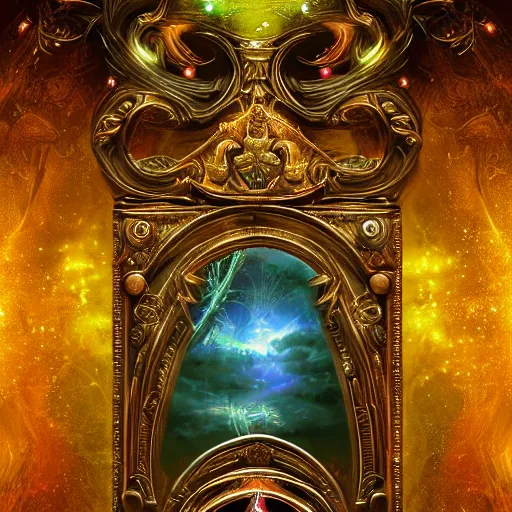 Prompt: a spell binding mirror, glowing magical symbols surrounding the mirror, epic mystical background by Keith Thompson and Christopher Bretz, highly detailed, digital painting, HDRI, vivid colors, high contrast, 8k resolution, intricate, photorealistic, smooth