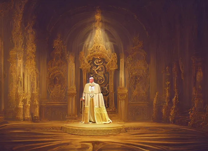 Image similar to worship of the pope, royal robe, gold trim, light effect, hyper detailed, intricate, atmospheric, elegant, photorealistic by paul lehr, marco mazzoni, featured on cgsociety, rococo, whimsical, artstation