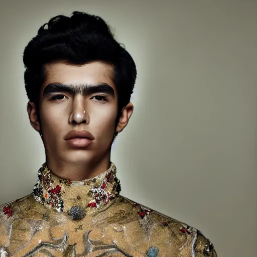 Image similar to a portrait of a beautiful young mexican male wearing alexander mcqueen couture , photographed by andrew thomas huang, artistic