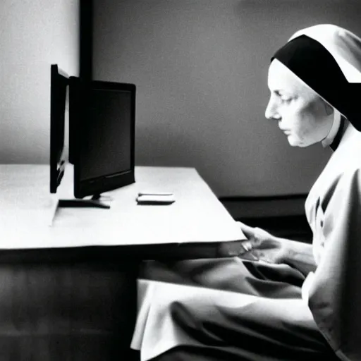 Image similar to award - winning photograph of a nun hunched over a computer while she hacks into the mainframe