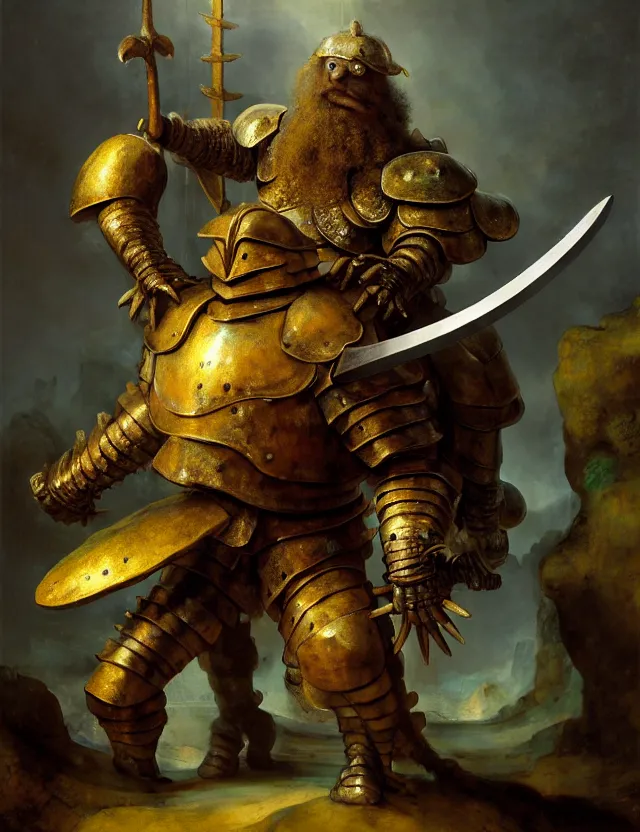Prompt: anthropomorphic bipedal crab that is wearing full iron plate armor, and holding a colossal sword over his shoulder, as a matte oil painting and d & d character art, by rembrandt, standing, fullbody, bubbles, anemone, tall kelp, award - winning, extremely detailed, sharp focus