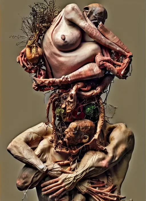 Prompt: human figures by arcimboldo in a dramatic poses, extra limbs, highly detailed and intricate, expressive, surrealism, painting by jenny saville and charlie immer, artstation