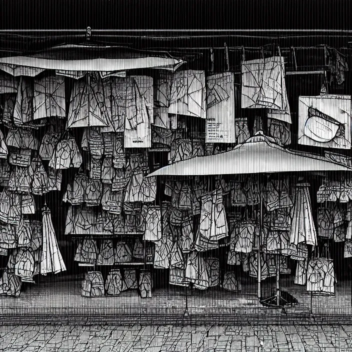 Image similar to close view of a market stall. folded umbrellas for sale on the stall. set in a square. background of an old soviet monument. storyboard, scifi cyberpunk. by gabriel hardman, joe alves, chris bonura. cinematic atmosphere, detailed and intricate, perfect anatomy