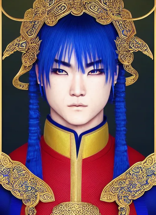 Image similar to male martial artist with a mongolian pigtail hairstyle!!!! asian facial features and blue eyes!! intricate ornate blue robes!! character concept art, sharp focus, octane render! unreal engine 5! highly rendered!! trending on artstation!! detailed linework!! illustration by artgerm, wlop, and chie yoshii