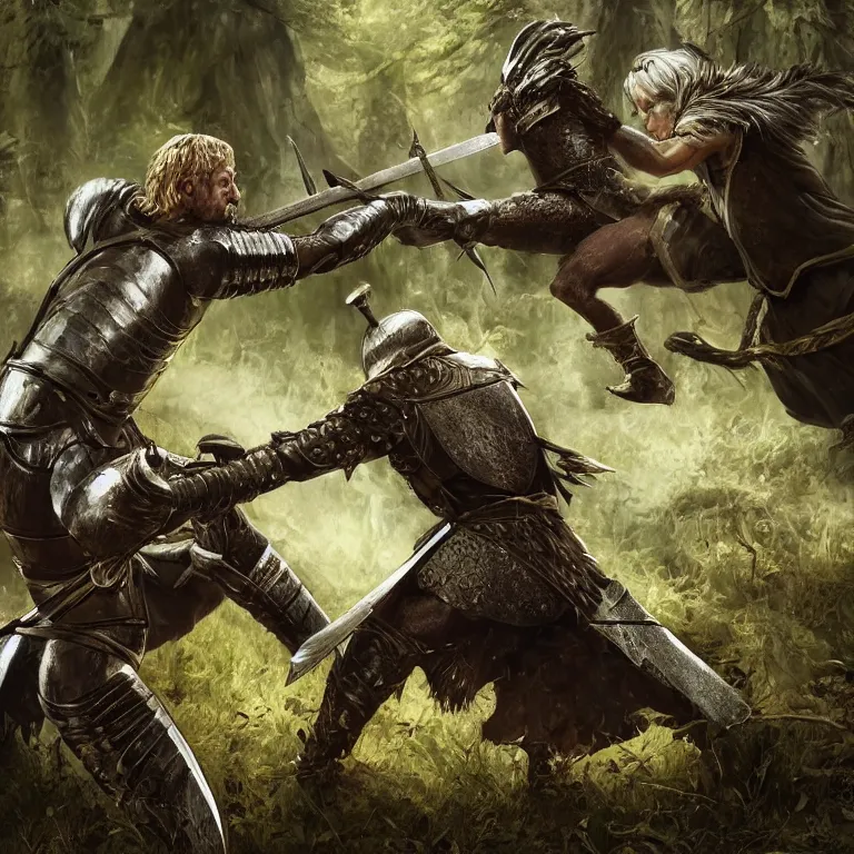 Prompt: knight fighting man with sword in forest, highly detailed, smooth, sharp focus, portrait, concept art, intricate details, fantasy poster, dark athmosphere, 8 k. lifelike. nikon d 8 5 0