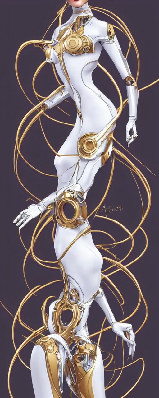 Image similar to beauty art nouveau woman, White and gold robotic, trending on artstation, by Artgerm