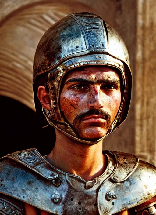 Prompt: close - up portrait athenian warrior with helmet and armor, art by steve mccurry