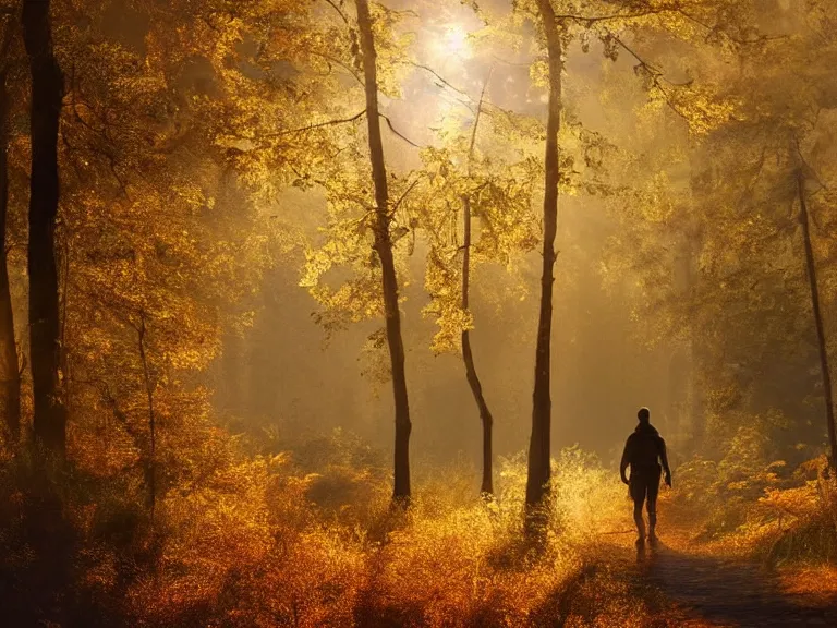 Prompt: a matte painting of an adventurer walking along the river bank in a forest during the golden hour in autumn, surrounded by dust and volumetric light shining through the tree tops, digital painting, detail