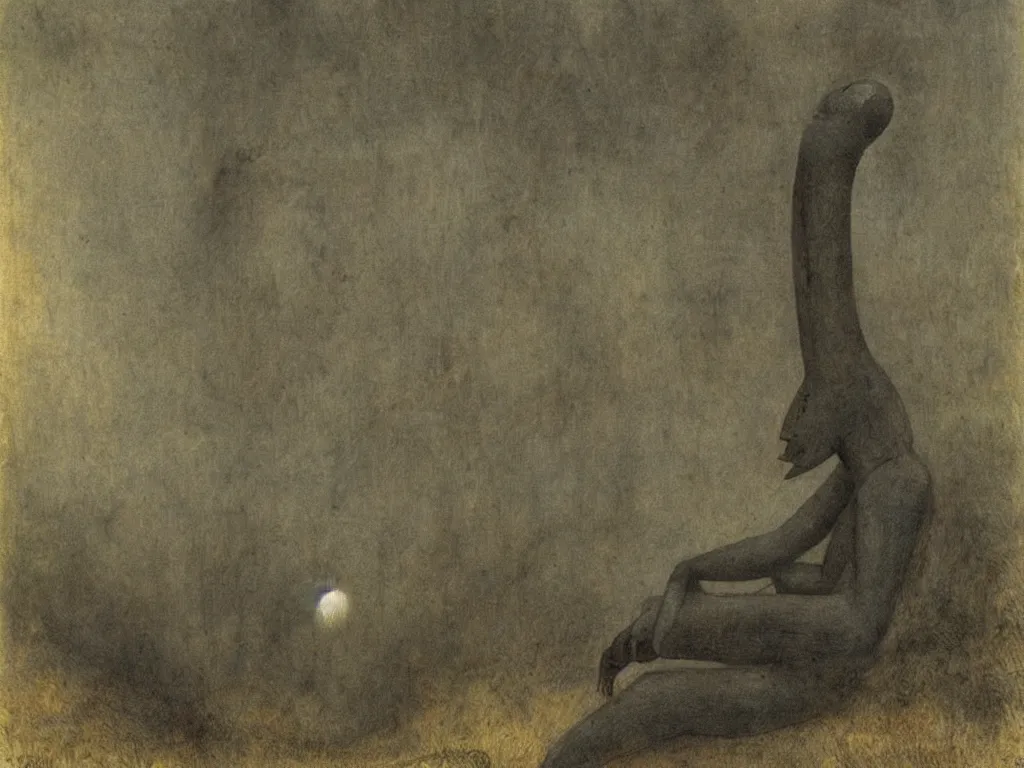 Prompt: Giant African sculpted god in a ravine, fog, melancholy, noise, surreal canopy, Harsh, golden light. Painting by Alfred Kubin