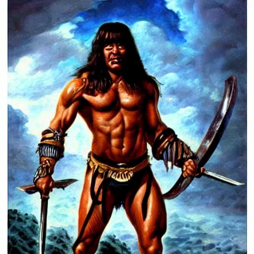 Image similar to full - shot conan the barbarian painting by earl norem “ no crop ”