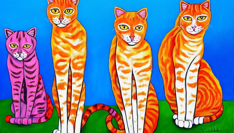 Image similar to acrylic painting of really tall cats by elizabeth warren bushel, thick brush strokes and visible paint layers