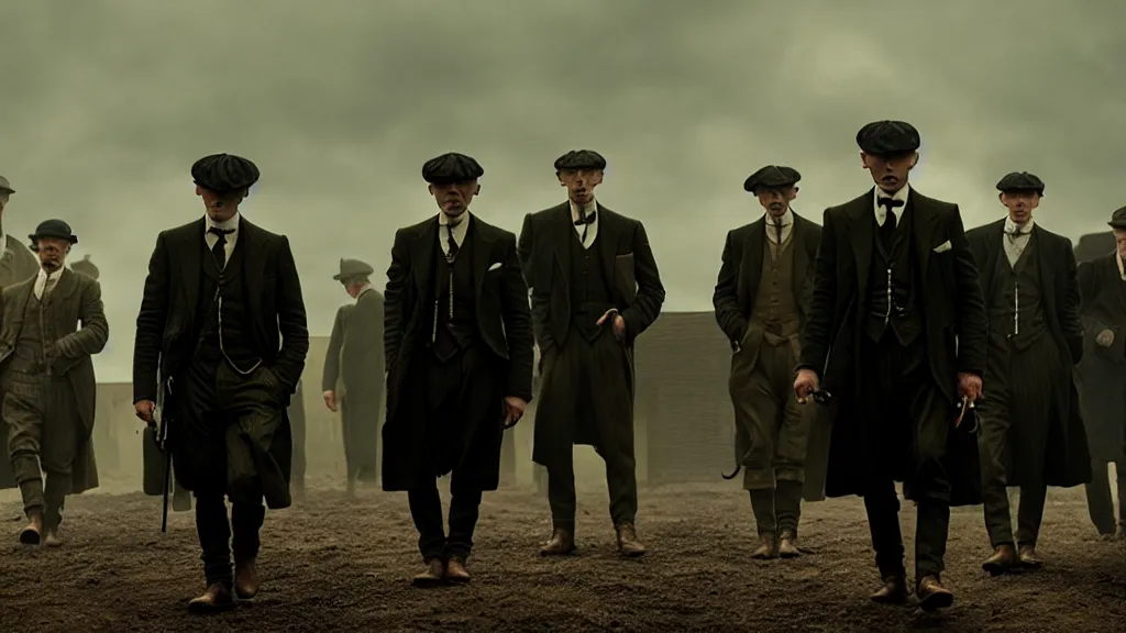 Image similar to the peaky blinders with peanuts heads, film still from the movie directed by denis villeneuve with art direction by zdzis