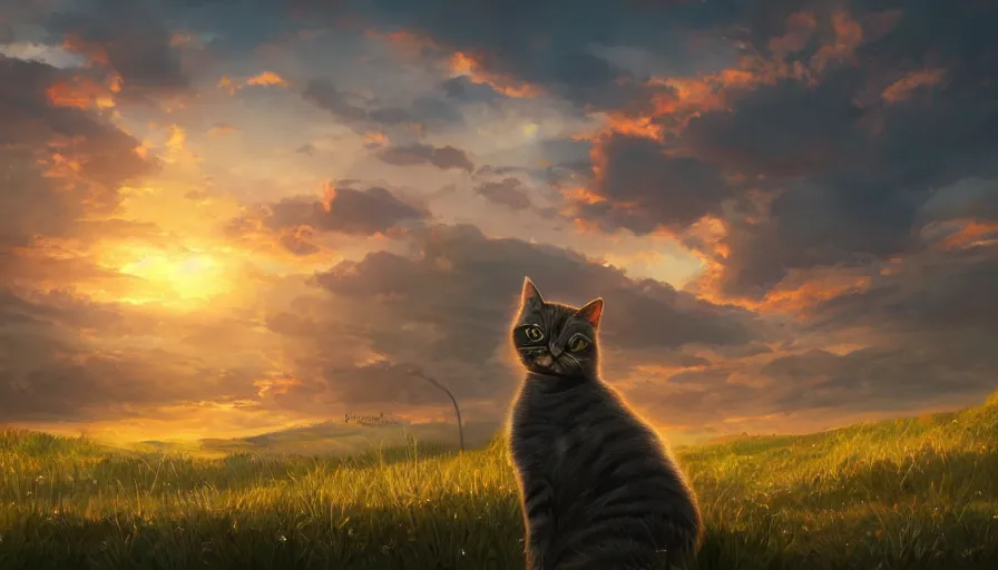 Image similar to cat sitting on the hill looking at gigantic sunset, hyperdetailed, artstation, cgsociety, 8 k