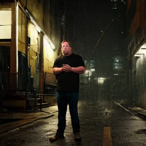 Prompt: an Alex Jones angry at his lawyer for giving phone records . Rainy Grungy neon cyberpunk alleyways in the background Badass pose , Photo realistic , Gregory Crewdson , Award winning. Masterpiece, exquisite detail, post processing