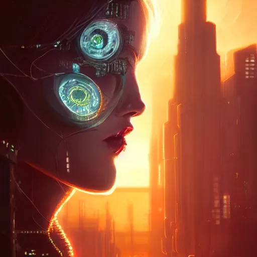 Image similar to molly from neuromancer, extremely detailed portrait of a young cyberpunk woman, eye implants, sunset, cyberpunk city background, painted by seb mckinnon, high detail, digital art, painted by greg rutkowski, trending on artstation