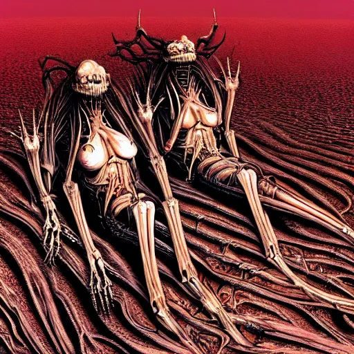 Image similar to conjoined demon twins sitting legs crossed in a desert hellscape covered in gore by Yoshitaka Amano, by HR Giger, biomechanical, 4k, hyper detailed, hyperrealism, anime, a Broken World demons flying overhead, red sky, blood and body parts, deviantart, artstation