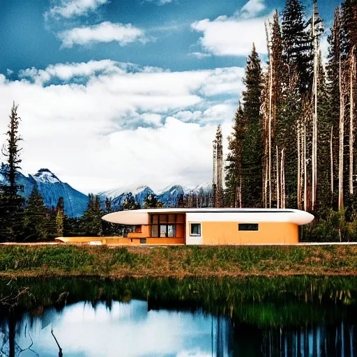 Image similar to wes anderson style modern futuristic house near the lake, snowy mountains and green forest, cinematic, realism, photo, detailed