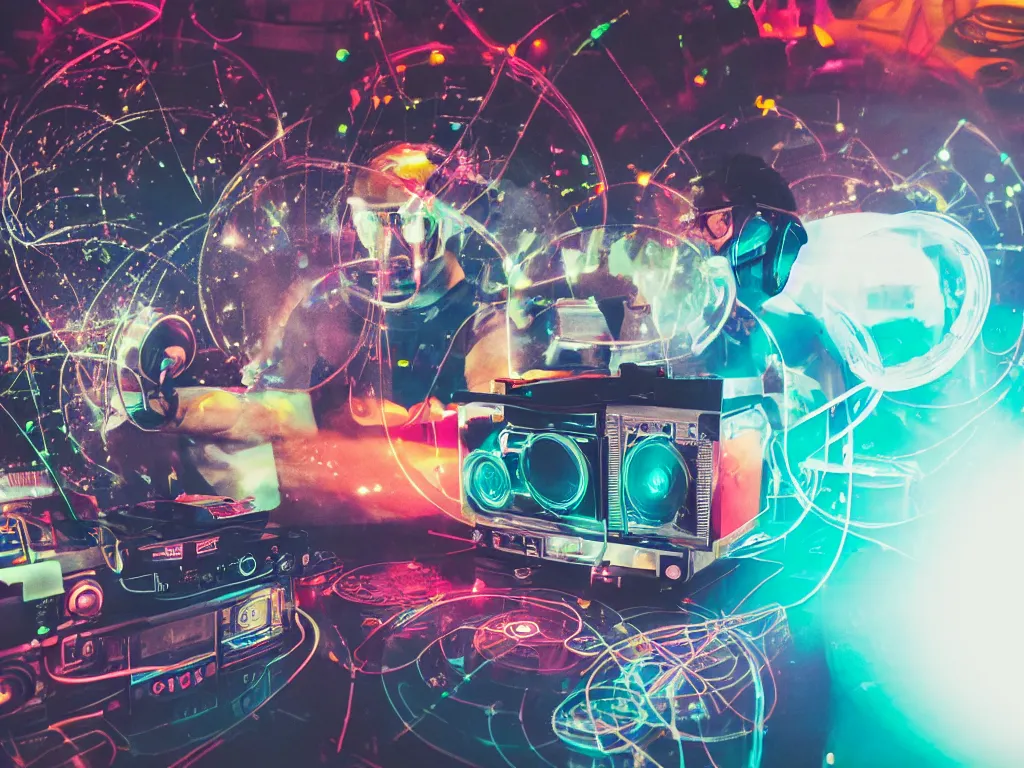Prompt: a person wearing goggles and visor and headphones using a retro record player contraption, hologram, turntablism dj scratching, light trails, screens, smoky atmosphere, intricate planetary gears, cinematic, imax, sharp focus, leds, bokeh, iridescent, black light, fog machine, hazy, lasers, hyper color digital art