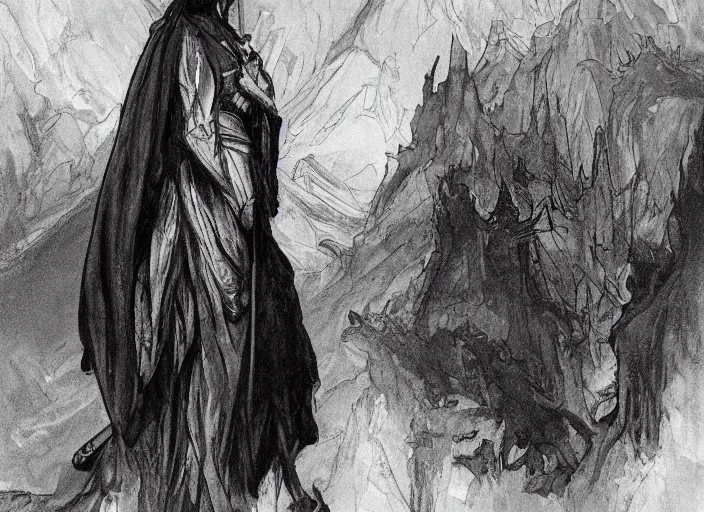 Prompt: nazgul, painting, atmospheric lighting, natural lighting, nazgul from lord of the rings, wide shot, atmospheric, flowing robes by alphonse mucha, nazgul by alan lee and john howe